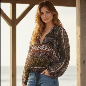 Free People Hold On Tight Gauze Hooded Multicolor Patterned Flowy Blouse